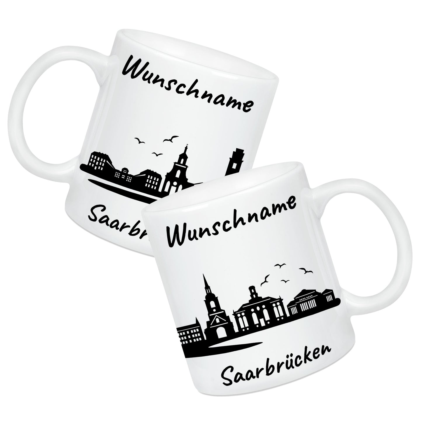 Tasse in Weiß 330ml bedruckt mit der Skyline von Saarbrücken personalisierbar mit Wunschname
