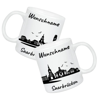 Tasse in Weiß 330ml bedruckt mit der Skyline von Saarbrücken personalisierbar mit Wunschname