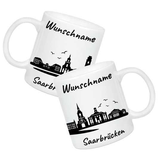 Tasse in Weiß 330ml bedruckt mit der Skyline von Saarbrücken personalisierbar mit Wunschname