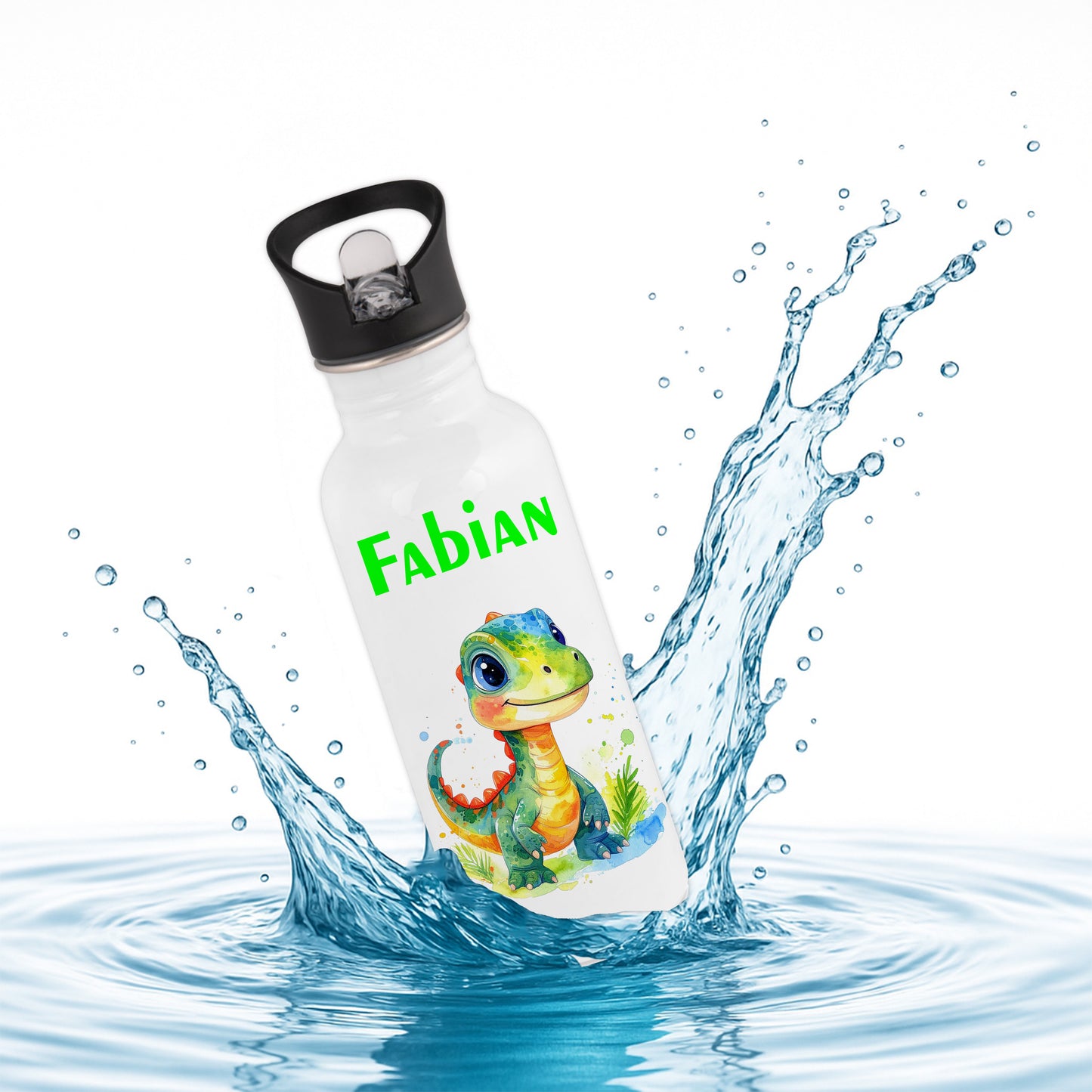 Trinkflasche mit Strohhalm in Weiß 600ml bedruckt mit tollen Motiven für Kinder "Dino Kinder" personalisierbar für Kinder mit Wunschname aus Edelstahl