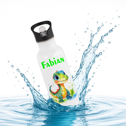 Trinkflasche mit Strohhalm in Weiß 600ml bedruckt mit tollen Motiven für Kinder "Dino Kinder" personalisierbar für Kinder mit Wunschname aus Edelstahl