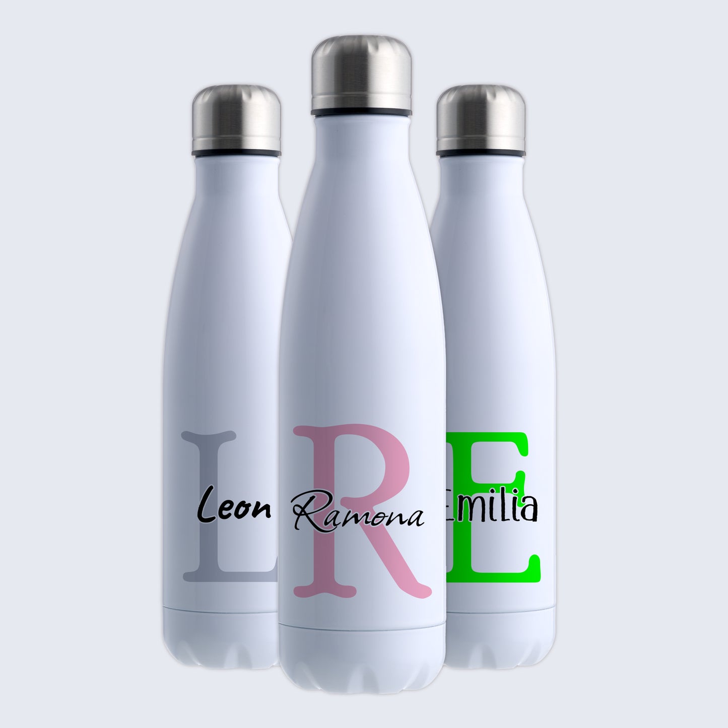Thermoflasche 500ml aus Edelstahl in Weiß personalisierbar mit Wunschname auslaufsichere Trinkflasche