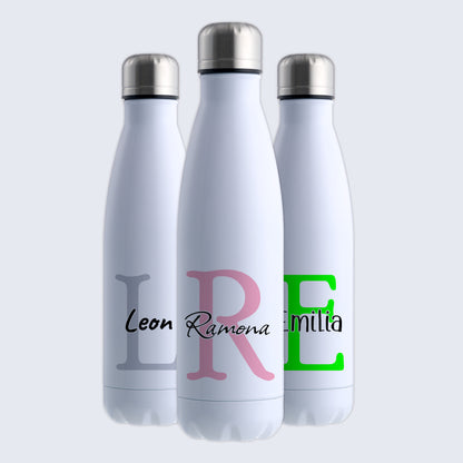 Thermoflasche 500ml aus Edelstahl in Weiß personalisierbar mit Wunschname auslaufsichere Trinkflasche