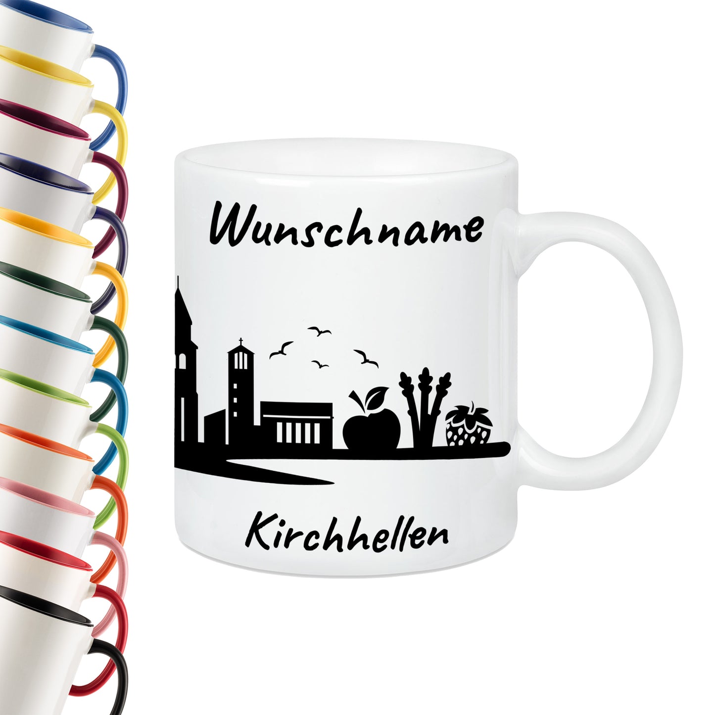 Tasse in Weiß 330ml bedruckt mit der Skyline von Kirchhellen personalisierbar mit Wunschname