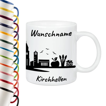 Tasse in Weiß 330ml bedruckt mit der Skyline von Kirchhellen personalisierbar mit Wunschname