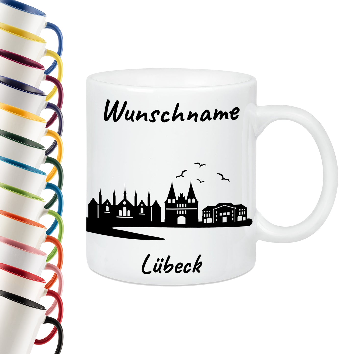 Tasse in Weiß 330ml bedruckt mit der Skyline von Lübeck personalisierbar mit Wunschname