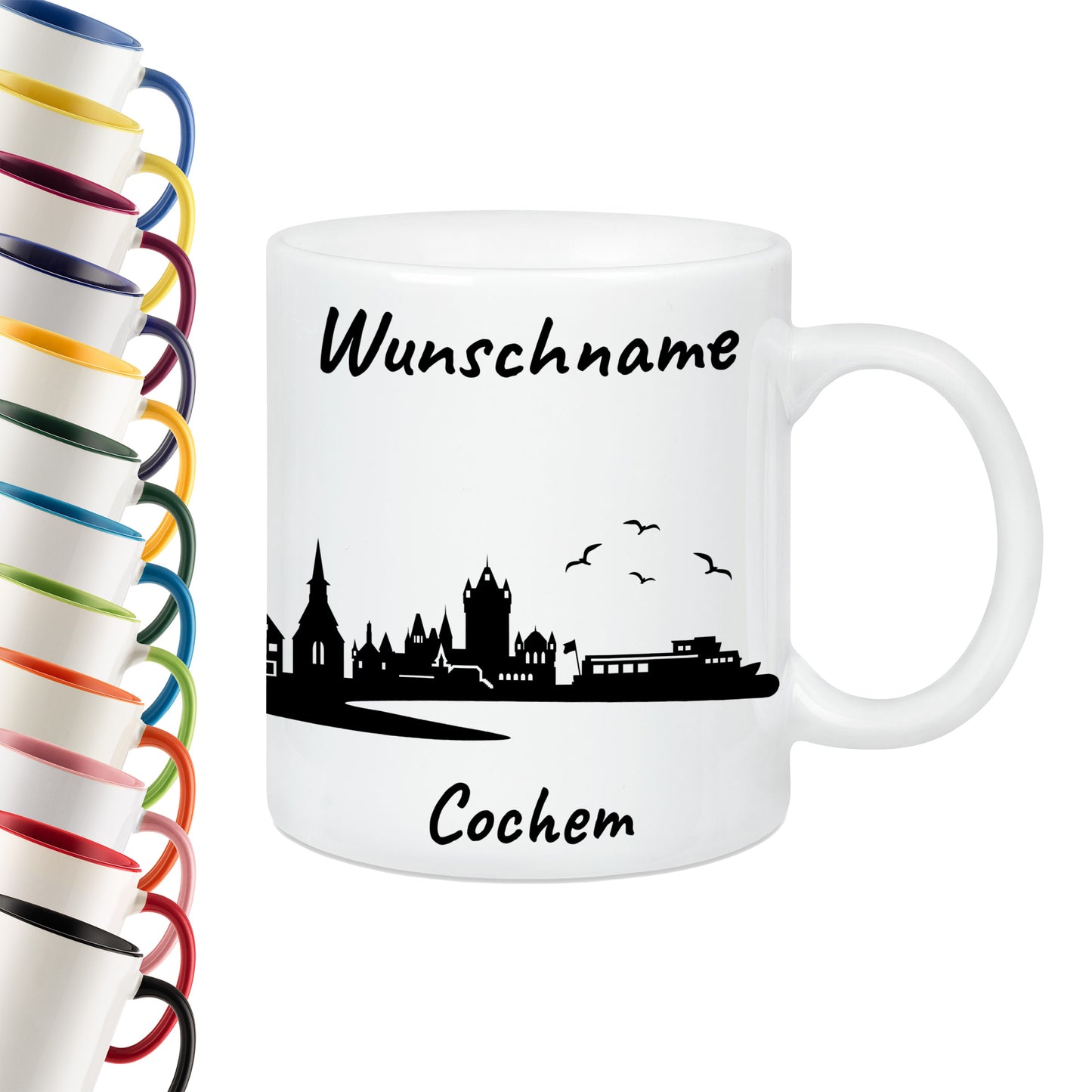 Tasse in Weiß 330ml bedruckt mit der Skyline von Cochem personalisierbar mit Wunschname
