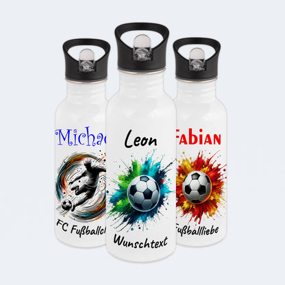 Trinkflasche mit Strohhalm in Weiß 600ml bedruckt mit Fußball Motiven"Motiv8" personalisierbar für Kinder mit Wunschname aus Edelstahl