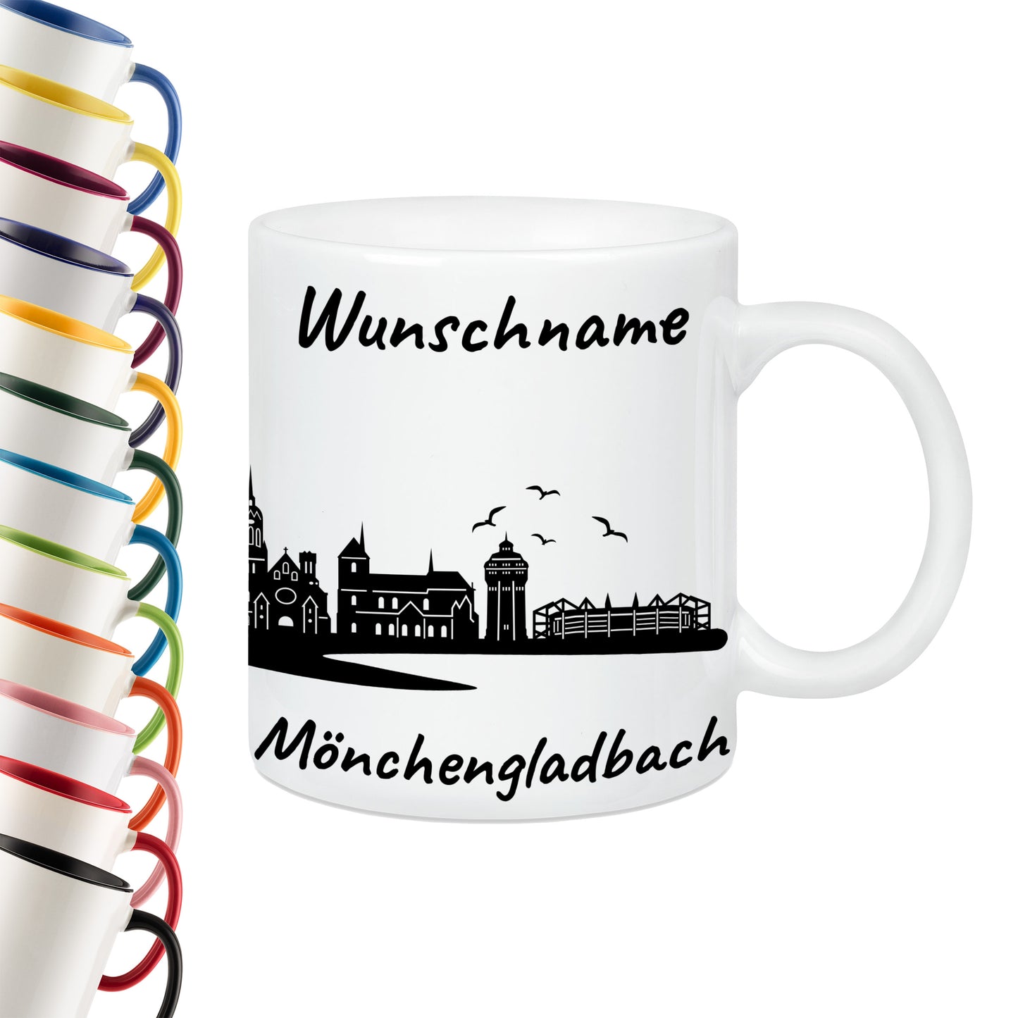 Tasse in Weiß 330ml bedruckt mit der Skyline von Mönchengladbach personalisierbar mit Wunschname