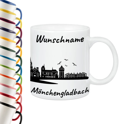Tasse in Weiß 330ml bedruckt mit der Skyline von Mönchengladbach personalisierbar mit Wunschname