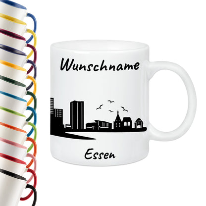 Tasse in Weiß 330ml bedruckt mit der Skyline von Essen personalisierbar mit Wunschname