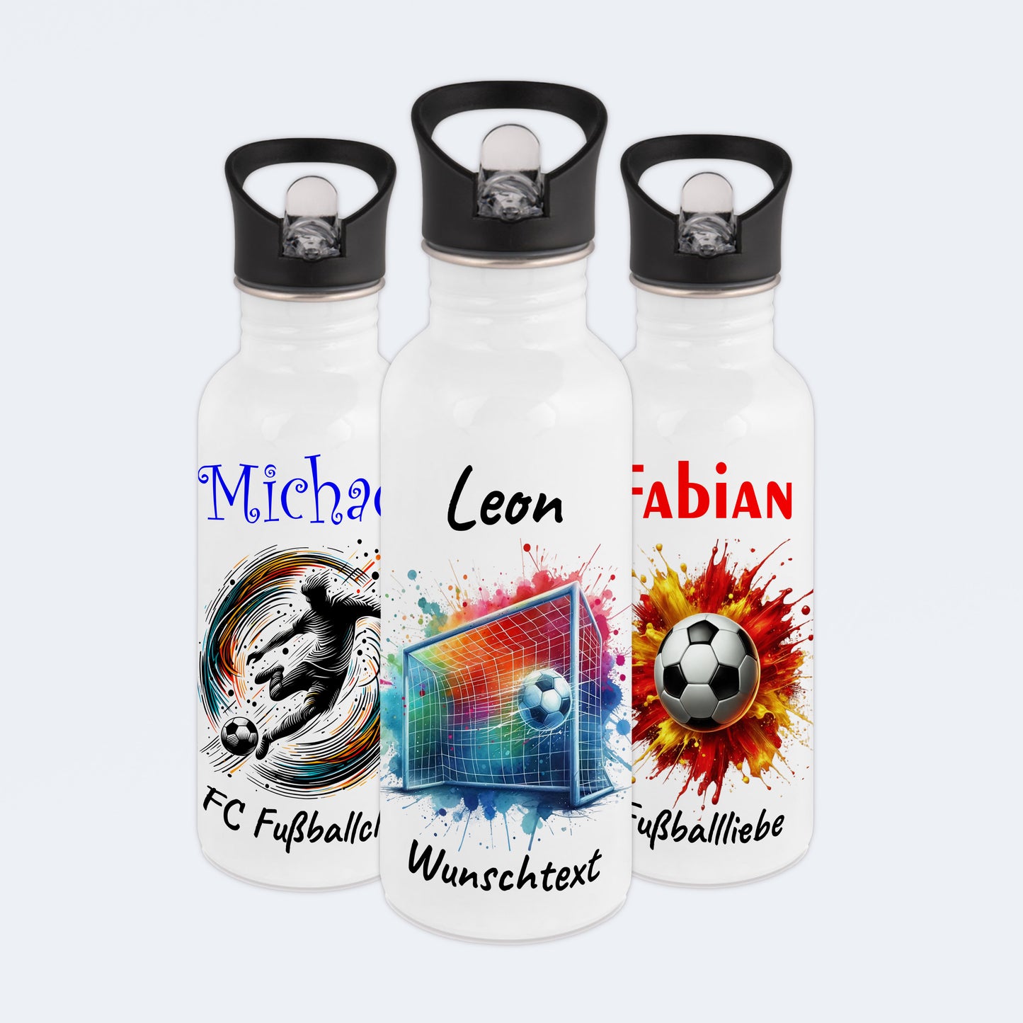 Trinkflasche mit Strohhalm in Weiß 600ml bedruckt mit Fußball Motiven"Motiv5" personalisierbar für Kinder mit Wunschname aus Edelstahl