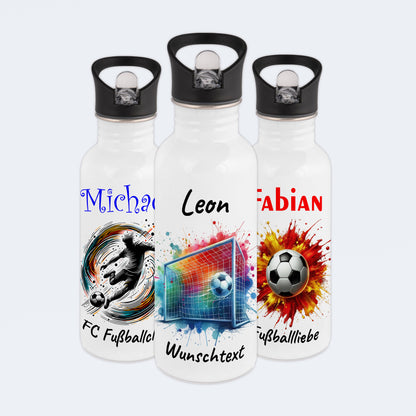 Trinkflasche mit Strohhalm in Weiß 600ml bedruckt mit Fußball Motiven"Motiv5" personalisierbar für Kinder mit Wunschname aus Edelstahl