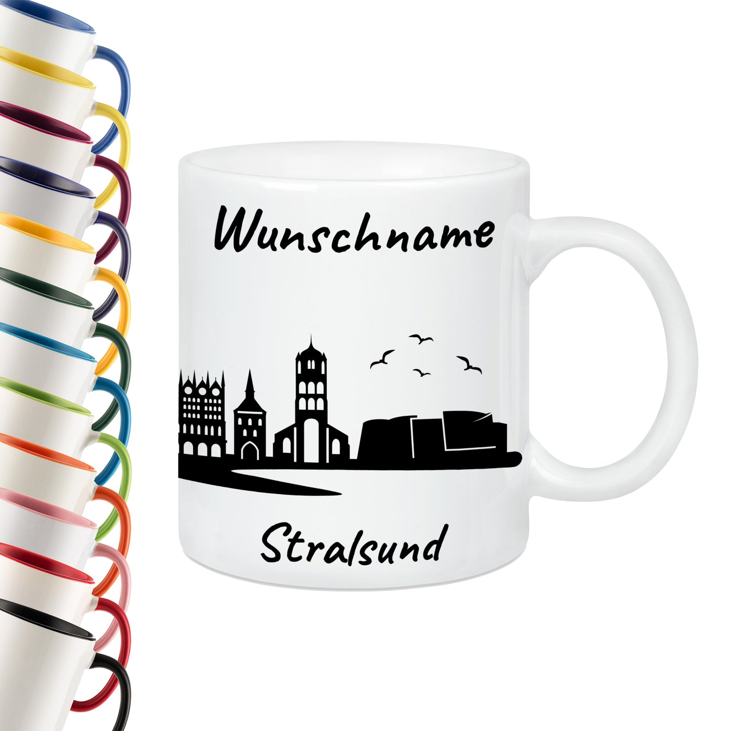 Tasse in Weiß 330ml bedruckt mit der Skyline von Stralsund personalisierbar mit Wunschname