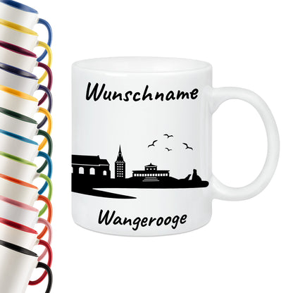 Tasse in Weiß 330ml bedruckt mit der Skyline von Wangerooge personalisierbar mit Wunschname