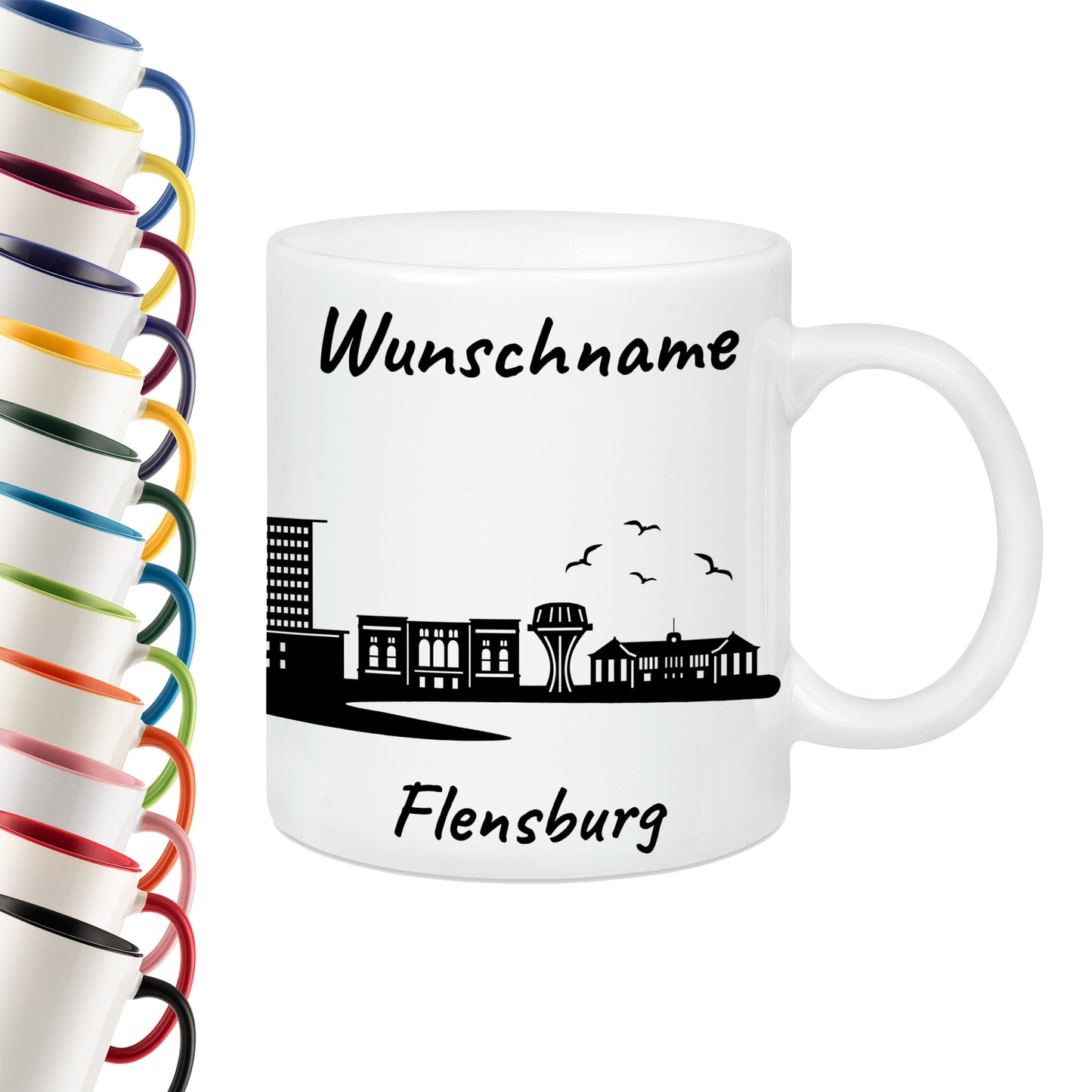 Tasse in Weiß 330ml bedruckt mit der Skyline von Flensburg personalisierbar mit Wunschname