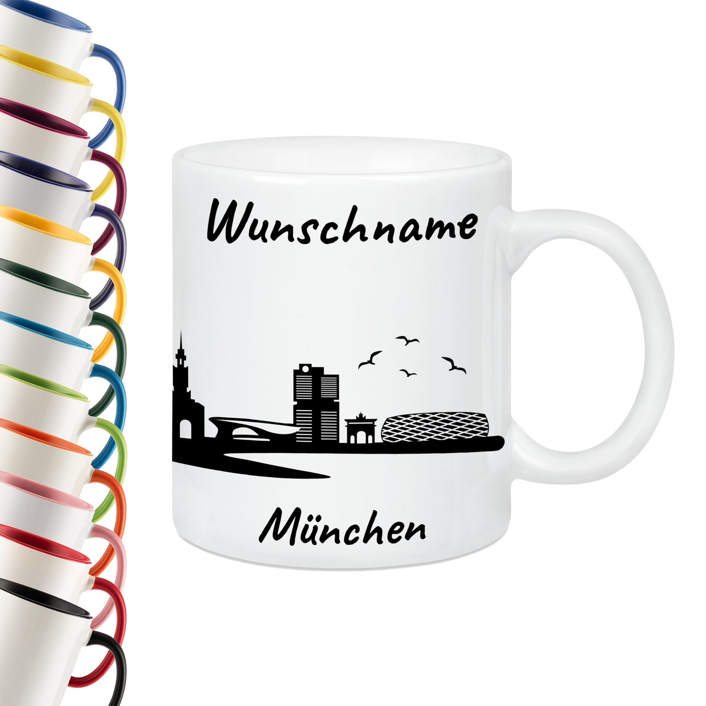 Tasse in Weiß 330ml bedruckt mit der Skyline von München personalisierbar mit Wunschname