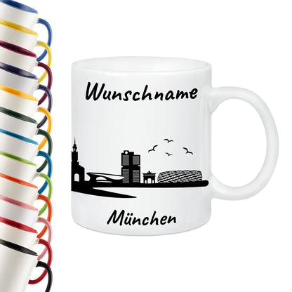 Tasse in Weiß 330ml bedruckt mit der Skyline von München personalisierbar mit Wunschname