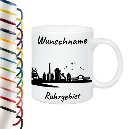 Tasse in Weiß 330ml bedruckt mit der Skyline von Ruhrgebiet personalisierbar mit Wunschname