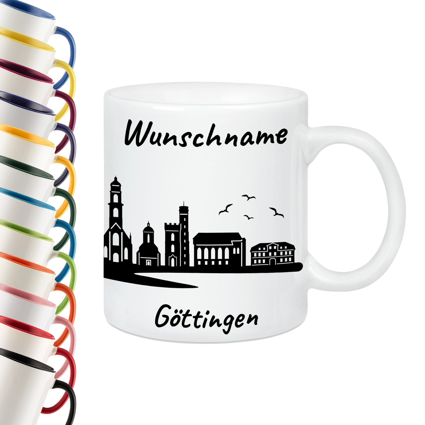 Tasse in Weiß 330ml bedruckt mit der Skyline von Göttingen personalisierbar mit Wunschname