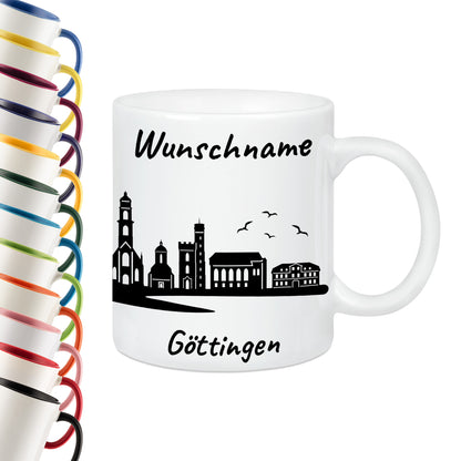 Tasse in Weiß 330ml bedruckt mit der Skyline von Göttingen personalisierbar mit Wunschname