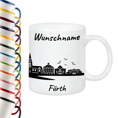 Tasse in Weiß 330ml bedruckt mit der Skyline von Fürth personalisierbar mit Wunschname