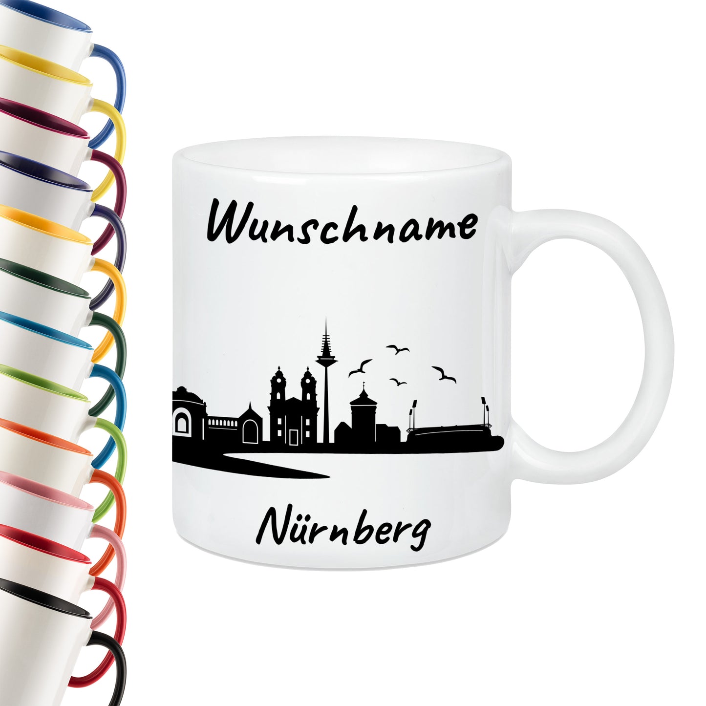 Tasse in Weiß 330ml bedruckt mit der Skyline von Nürnberg personalisierbar mit Wunschname