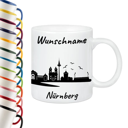 Tasse in Weiß 330ml bedruckt mit der Skyline von Nürnberg personalisierbar mit Wunschname