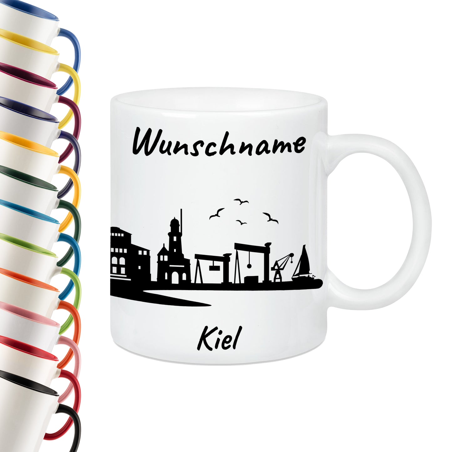 Tasse in Weiß 330ml bedruckt mit der Skyline von Kiel personalisierbar mit Wunschname