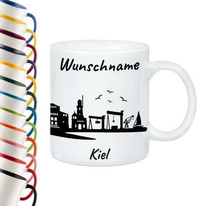 Tasse in Weiß 330ml bedruckt mit der Skyline von Kiel personalisierbar mit Wunschname