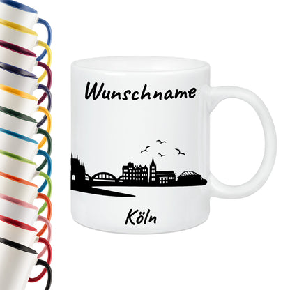 Tasse in Weiß 330ml bedruckt mit der Skyline von Köln personalisierbar mit Wunschname