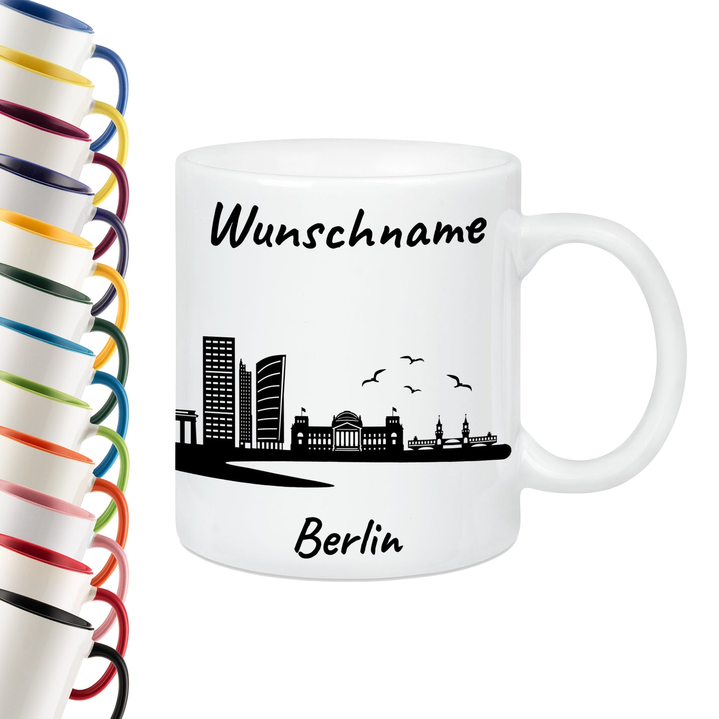 Tasse in Weiß 330ml bedruckt mit der Skyline von Berlin personalisierbar mit Wunschname