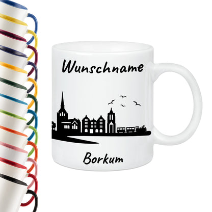 Tasse in Weiß 330ml bedruckt mit der Skyline von Borkum personalisierbar mit Wunschname