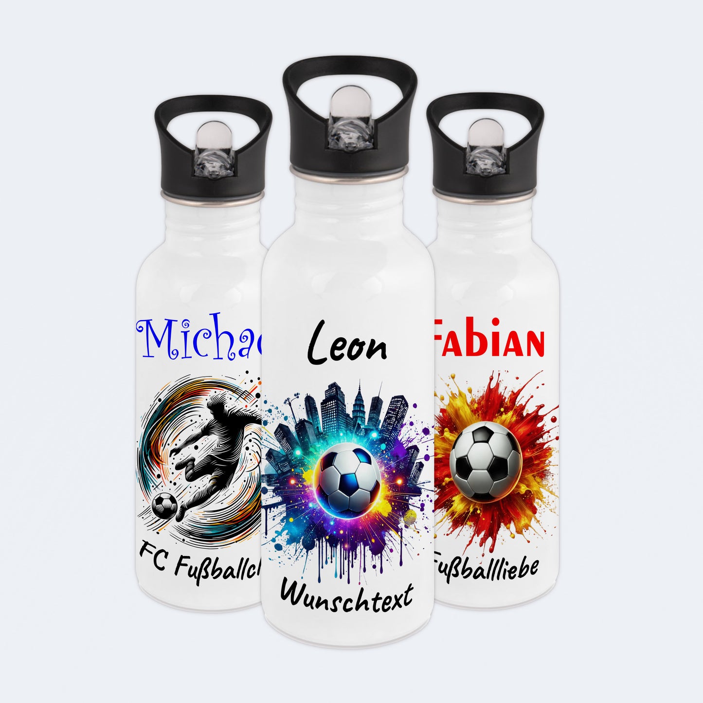 Trinkflasche mit Strohhalm in Weiß 600ml bedruckt mit Fußball Motiven"Motiv7" personalisierbar für Kinder mit Wunschname aus Edelstahl
