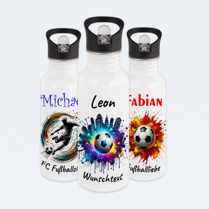 Trinkflasche mit Strohhalm in Weiß 600ml bedruckt mit Fußball Motiven"Motiv7" personalisierbar für Kinder mit Wunschname aus Edelstahl