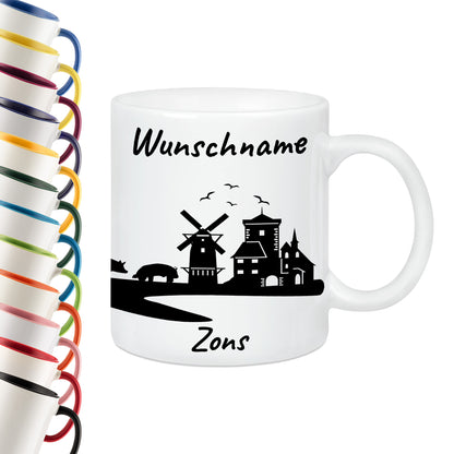 Tasse in Weiß 330ml bedruckt mit der Skyline von Zons (Dormagen) personalisierbar mit Wunschname