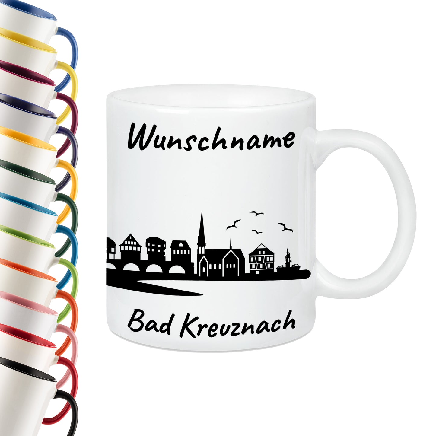Tasse in Weiß 330ml bedruckt mit der Skyline von Bad Kreuznach personalisierbar mit Wunschname