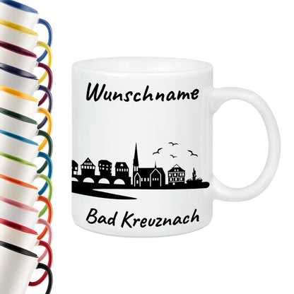 Tasse in Weiß 330ml bedruckt mit der Skyline von Bad Kreuznach personalisierbar mit Wunschname