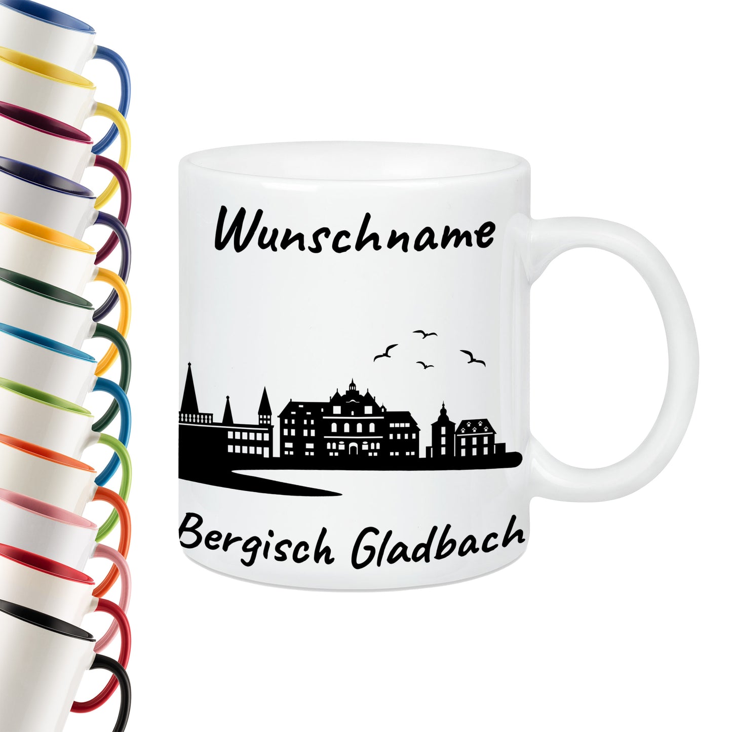 Tasse in Weiß 330ml bedruckt mit der Skyline von Bergisch Gladbach personalisierbar mit Wunschname