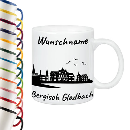 Tasse in Weiß 330ml bedruckt mit der Skyline von Bergisch Gladbach personalisierbar mit Wunschname