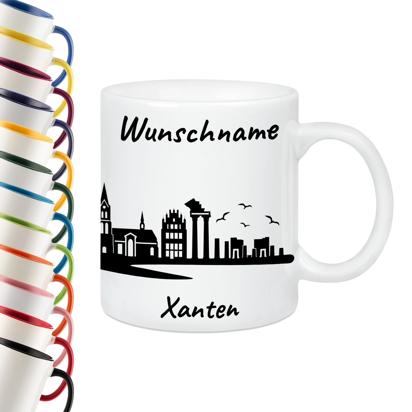 Tasse in Weiß 330ml bedruckt mit der Skyline von Xanten personalisierbar mit Wunschname