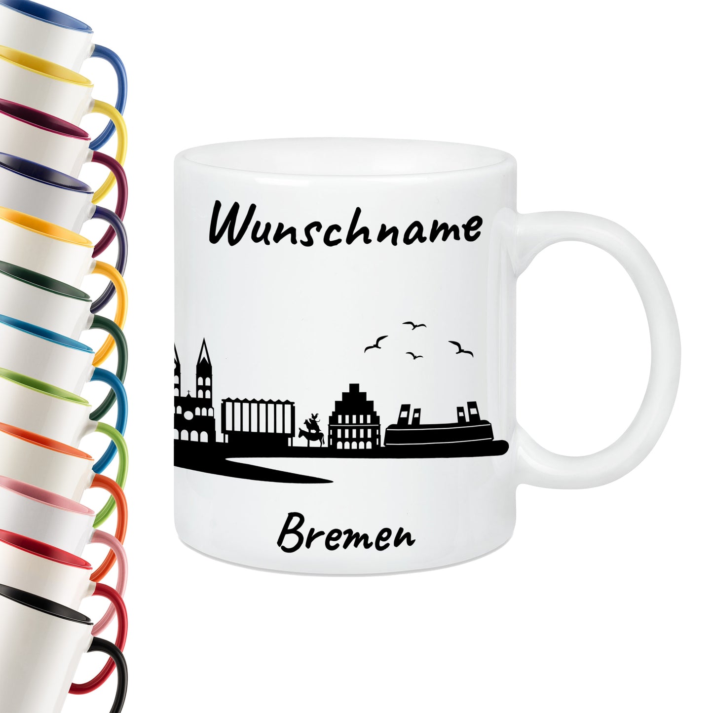 Tasse in Weiß 330ml bedruckt mit der Skyline von Bremen personalisierbar mit Wunschname