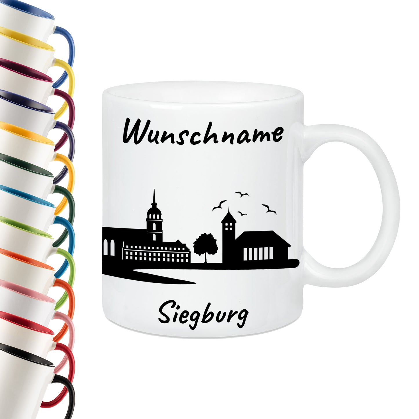 Tasse in Weiß 330ml bedruckt mit der Skyline von Siegburg personalisierbar mit Wunschname