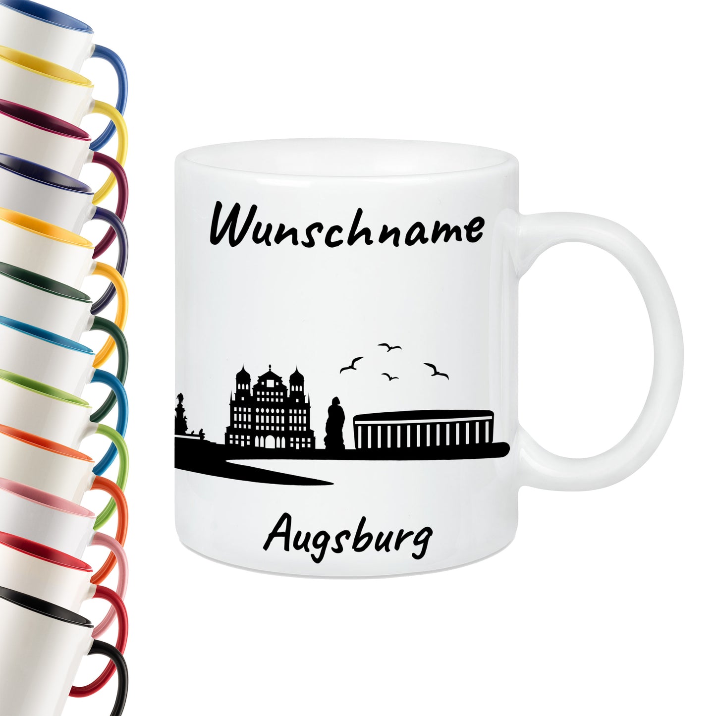 Tasse in Weiß 330ml bedruckt mit der Skyline von Augsburg personalisierbar mit Wunschname