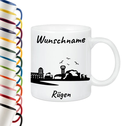 Tasse in Weiß 330ml bedruckt mit der Skyline von Rügen personalisierbar mit Wunschname