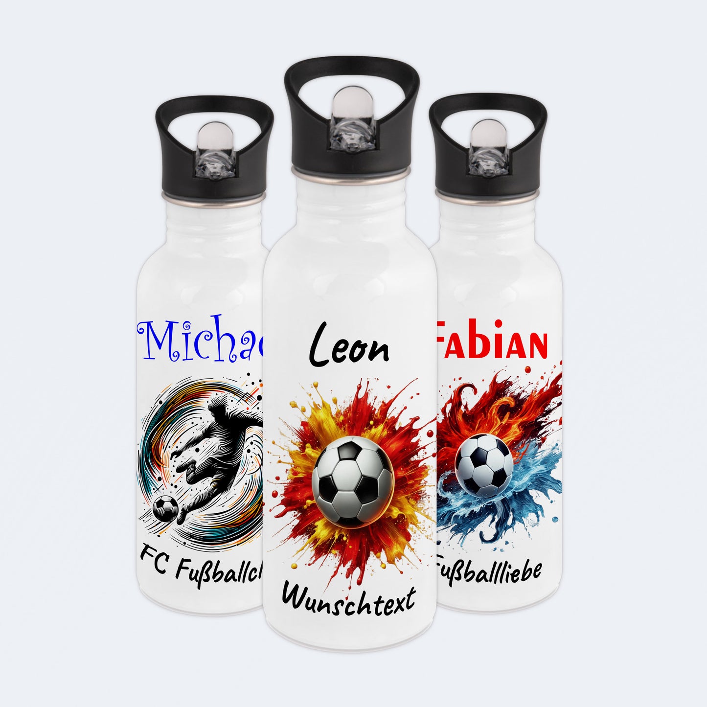Trinkflasche mit Strohhalm in Weiß 600ml bedruckt mit Fußball Motiven"Motiv9" personalisierbar für Kinder mit Wunschname aus Edelstahl