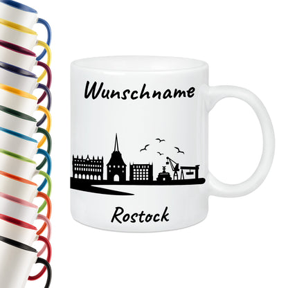 Tasse in Weiß 330ml bedruckt mit der Skyline von Rostock personalisierbar mit Wunschname