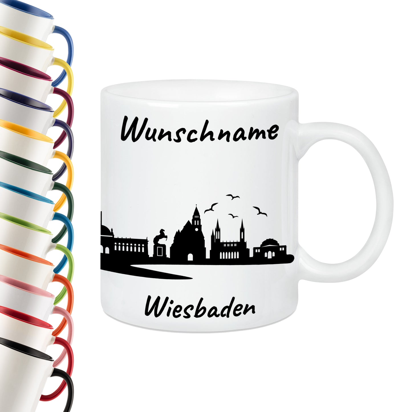 Tasse in Weiß 330ml bedruckt mit der Skyline von Wiesbaden personalisierbar mit Wunschname