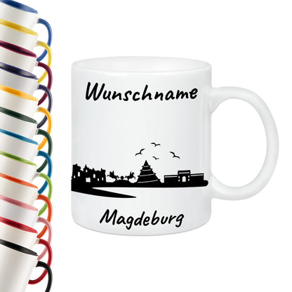 Tasse in Weiß 330ml bedruckt mit der Skyline von Magdeburg personalisierbar mit Wunschname