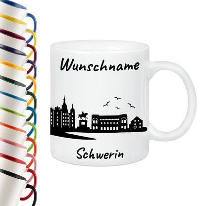 Tasse in Weiß 330ml bedruckt mit der Skyline von Schwerin personalisierbar mit Wunschname